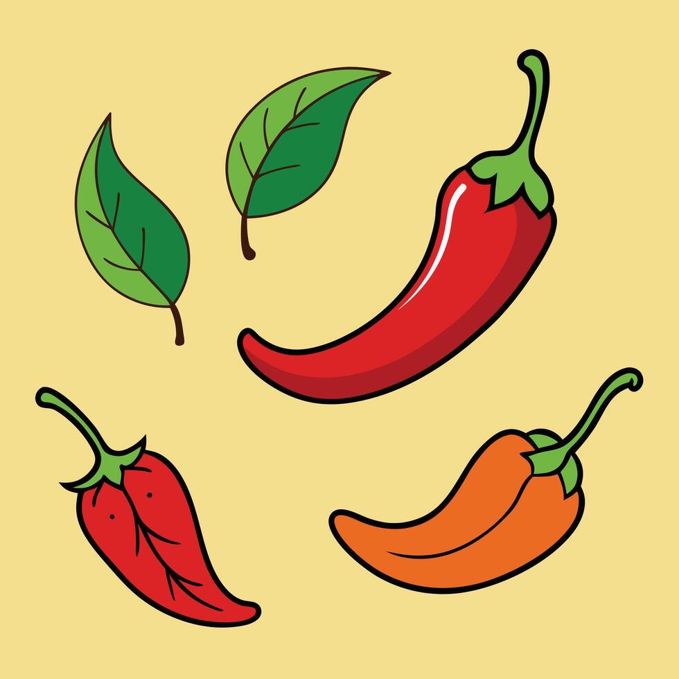 A Colorful Collection of Chili Peppers and Green Leaves vector