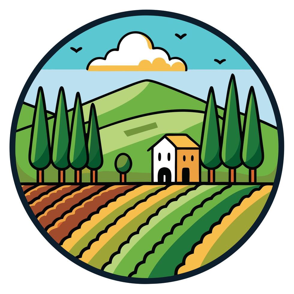 Serene Tuscan Countryside Farmland Landscape Illustration vector