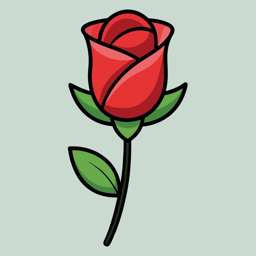 A Single Red Rose Blossom with Green Leaves and Stem Simple Cartoon Illustration vector
