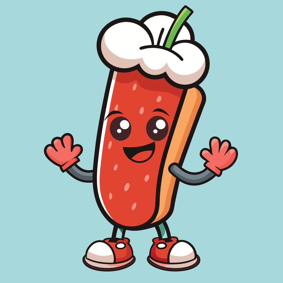 Adorable Cartoon Hot Dog Character with Whipped Cream Hat Waving Hello vector