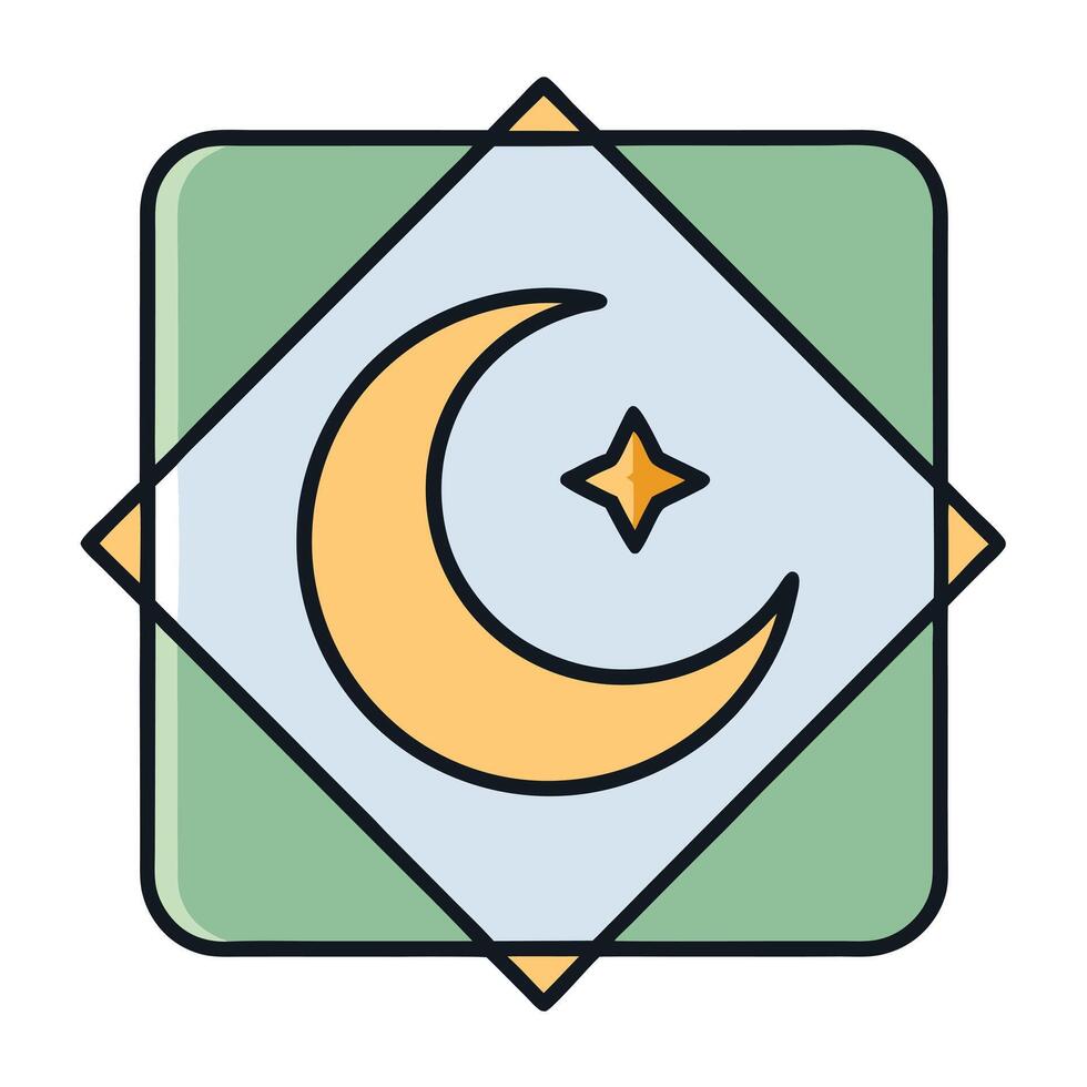 Crescent Moon and Star in Geometric Frame Islamic Symbol Religious Icon Design vector
