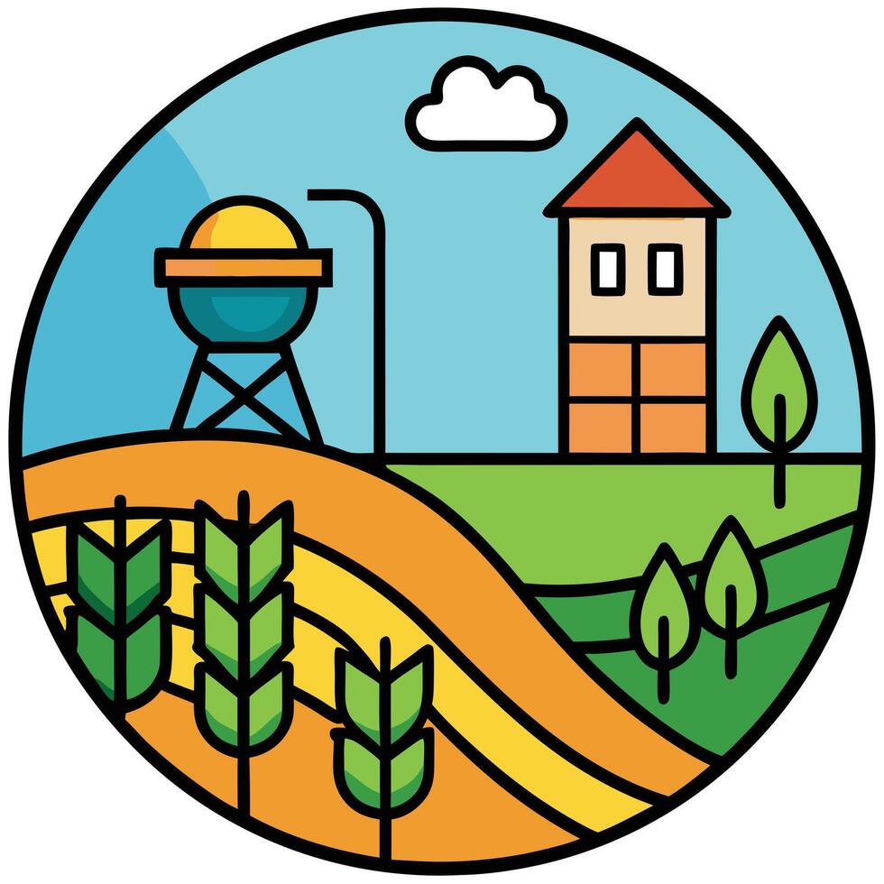Farmland Landscape with House and Water Tower in a Sunny Day vector
