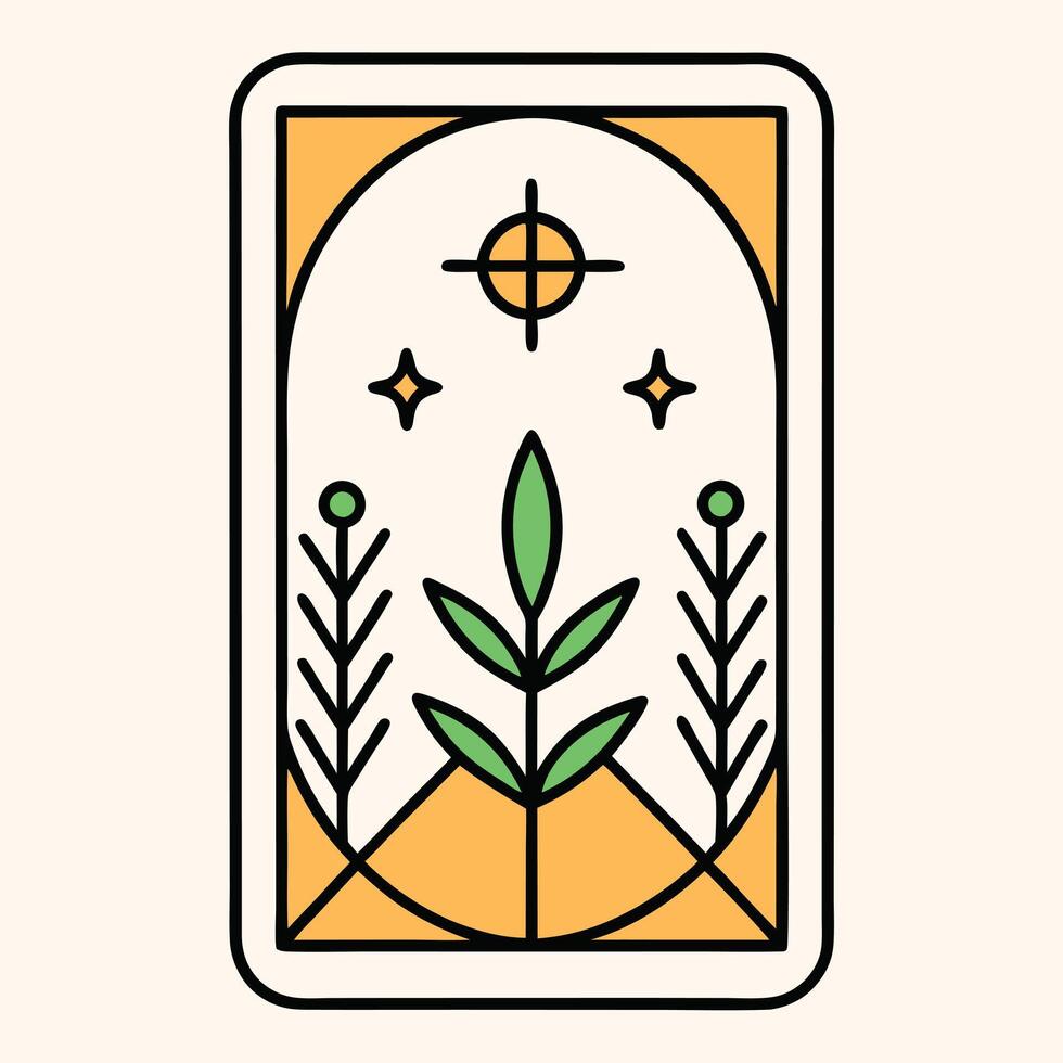 Geometric Botanical Illustration Featuring a Central Plant with Surrounding Stars and Mountains vector