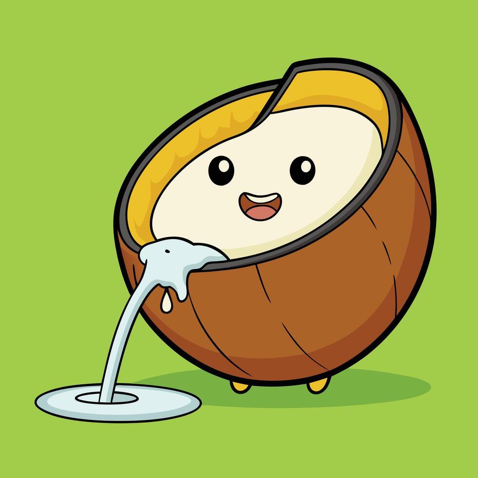 Adorable Cartoon Coconut Character Spilling Creamy Coconut Milk vector