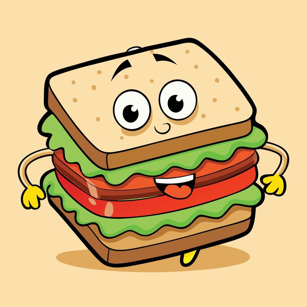 A Happy Cartoon Sandwich Character with Big Eyes and a Smiling Face vector