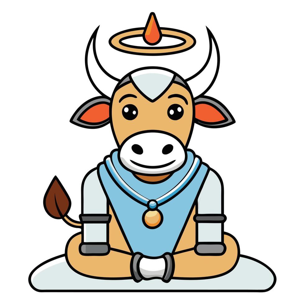 Adorable Cartoon Bull Sitting in Lotus Position with Halo vector