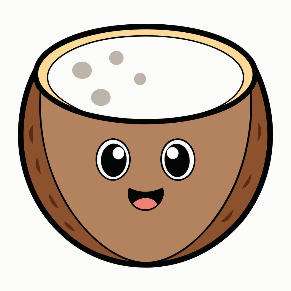 Adorable Cartoon Coconut with Creamy Coconut Milk Inside Happy Face Tropical Summer Fruit Delight vector