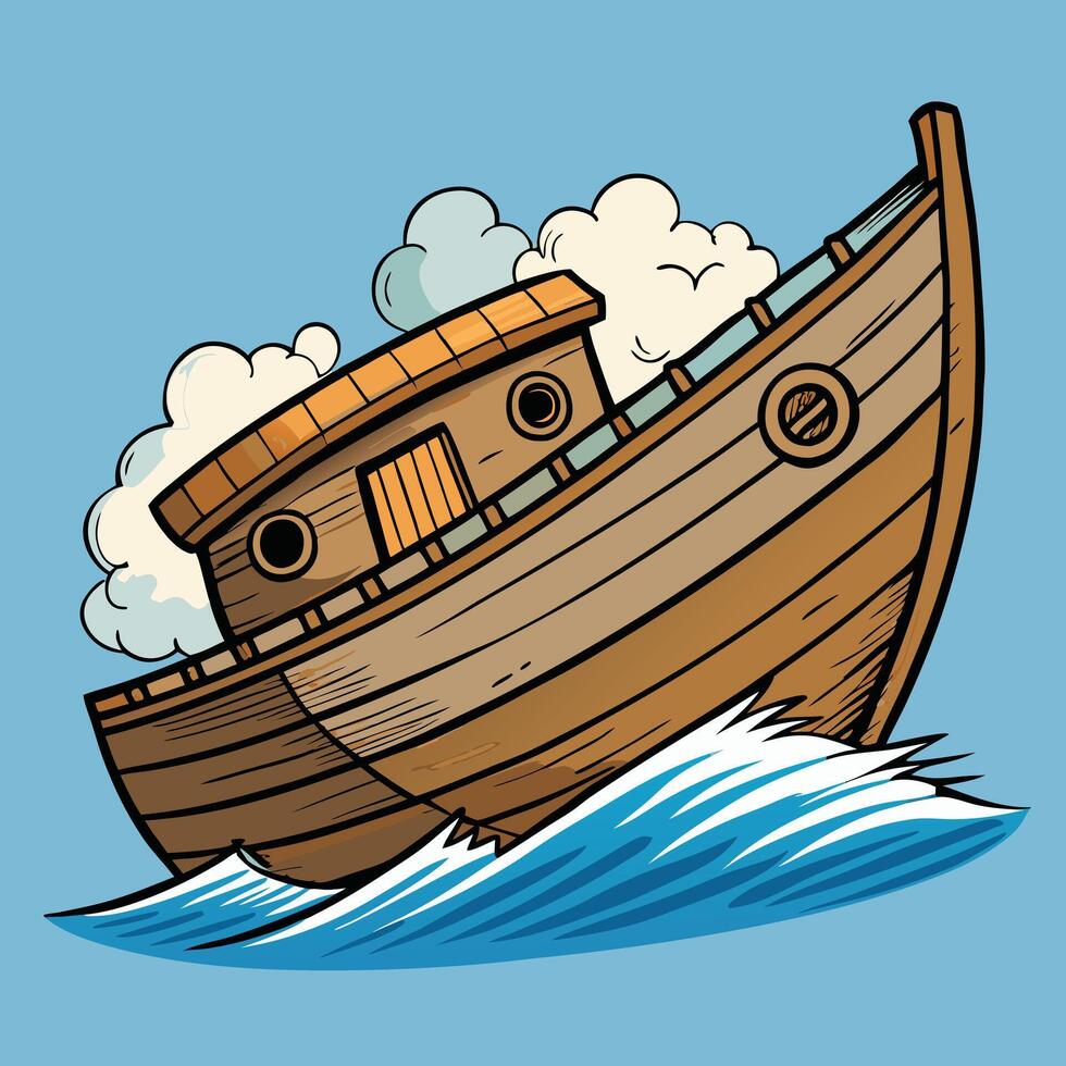 A cartoon illustration of Noah's Ark sailing on wavy blue waters under a partly cloudy sky vector