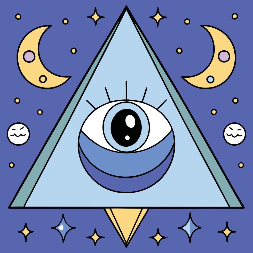 Mystical All Seeing Eye in Triangle with Crescent Moons and Stars Night Sky vector