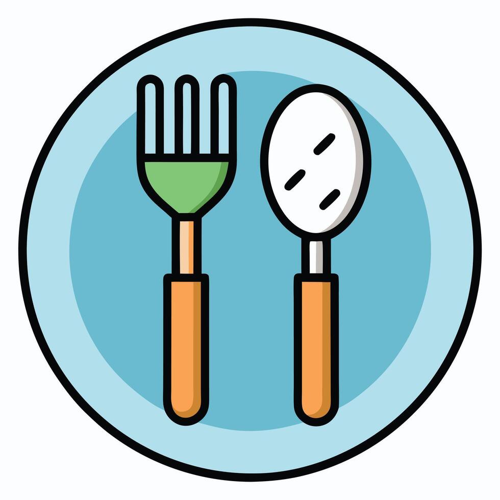 A Simple Illustration of a Fork and Spoon on a Plate Representing Food and Dining vector