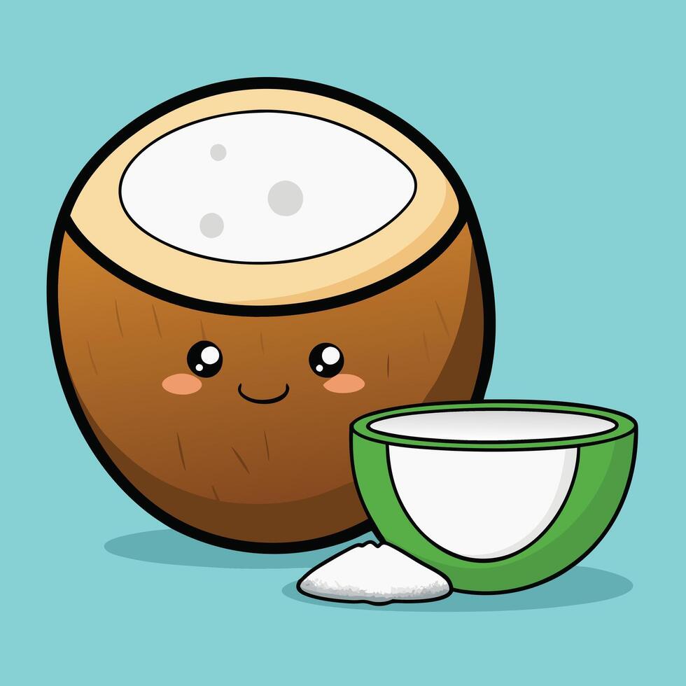 Adorable Cartoon Coconut with Fresh Coconut Water and Creamy Coconut Flakes vector