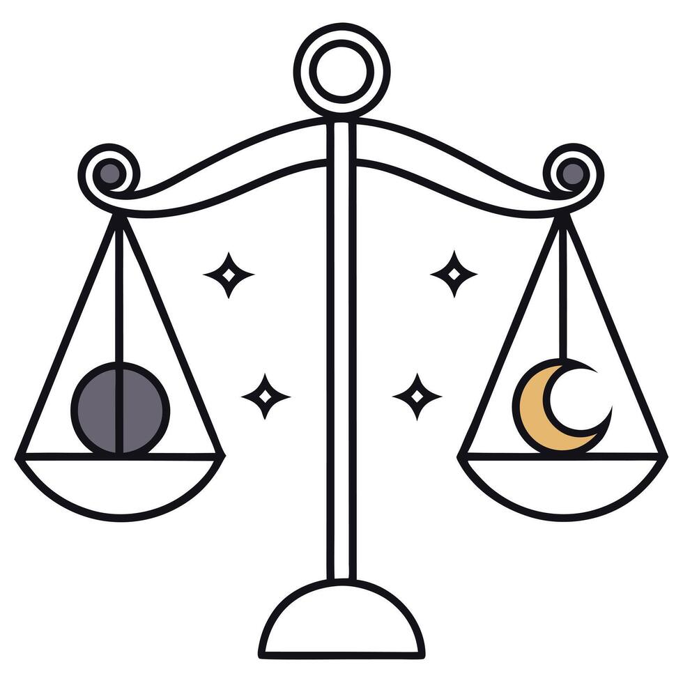 Celestial balance scales symbolizing Libra harmony and equilibrium between day and night