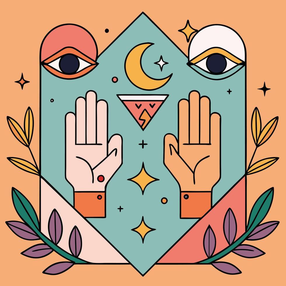 Mystical Celestial Artwork Featuring Two Eyes Hands and Symbolic Elements vector