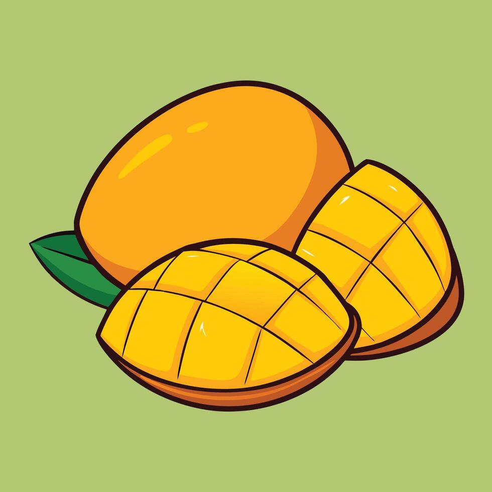 A delicious juicy ripe mango fruit with slices illustration cartoon drawing vector