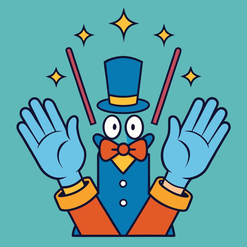 A whimsical magician character waves hello with big gloves and magic wands vector