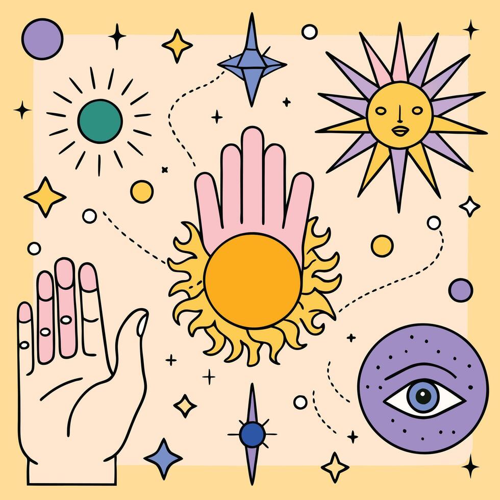 Celestial Hands Mystical Sun Spiritual Art Cosmic Energy Healing Power Palm Reading Astrology vector