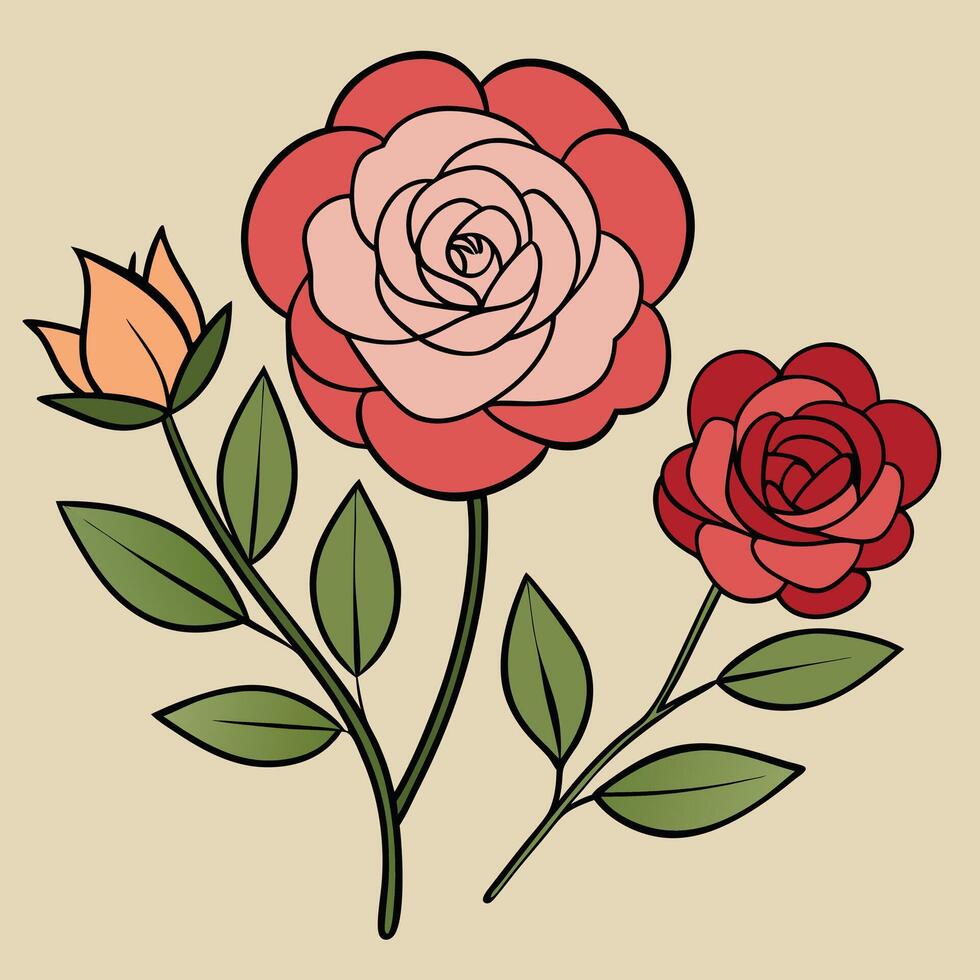 A lovely illustration of three roses in bloom with green leaves vector