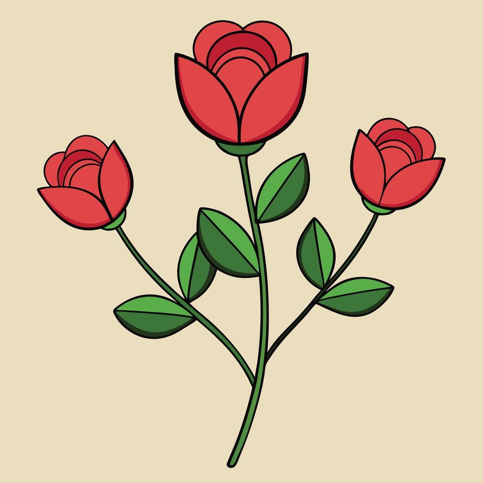 Three Red Roses on a Single Stem with Green Leaves Elegant Floral Illustration vector
