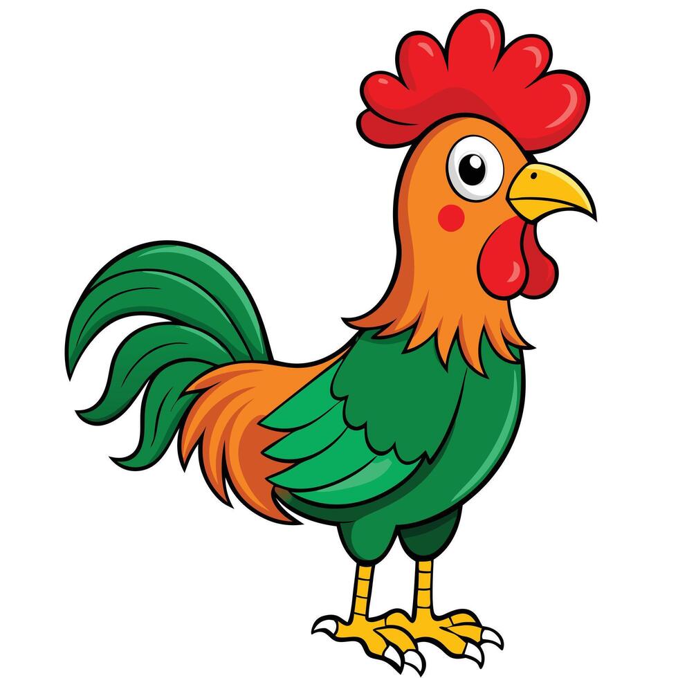 A Cartoon Rooster Illustration with Vibrant Green and Orange Feathers vector