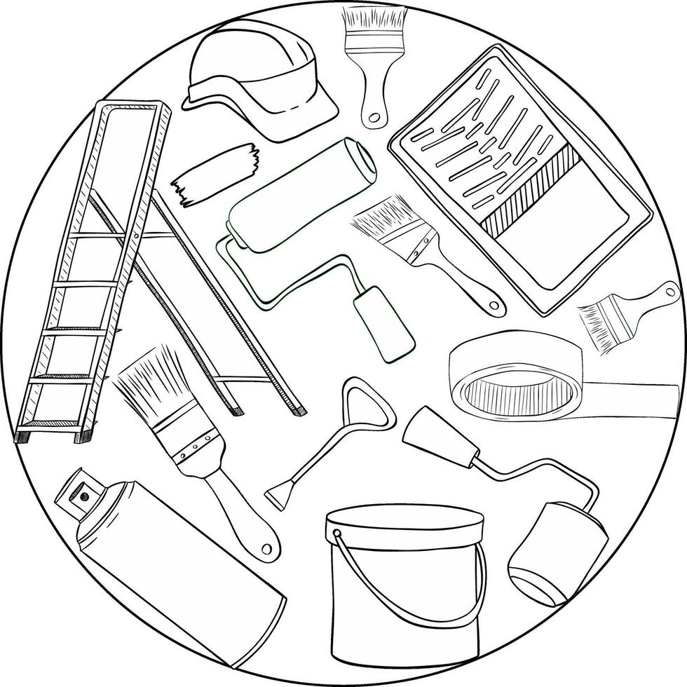 Graphic line circle round composition of Ladder, can, bucket with color, brush and protective helmet. Room painter. Construction worker. draw design graphic ink illustration vector