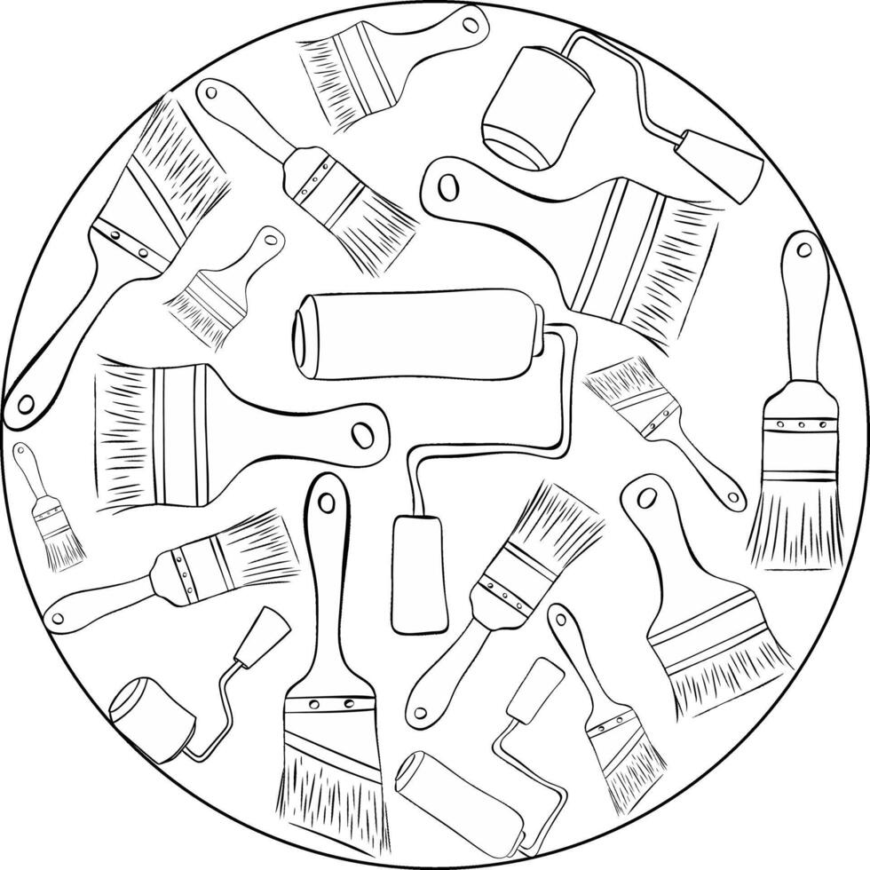 paint roller and brushes circle round composition logo Graphic line ink isolated Tool for wall painting, drawing. vector