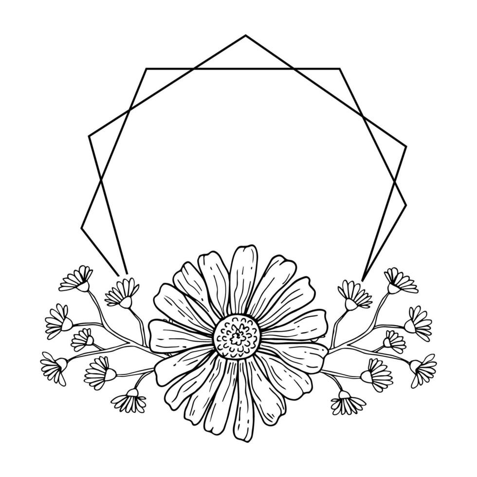 Modern geometric frame with daisy flower and leaves line art. Black and white botanical wreath illustration. vector