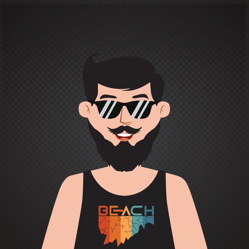 Cartoon illustration of a young man with a black beard and styled hair, wearing reflective sunglasses. His expression is cheerful. vector