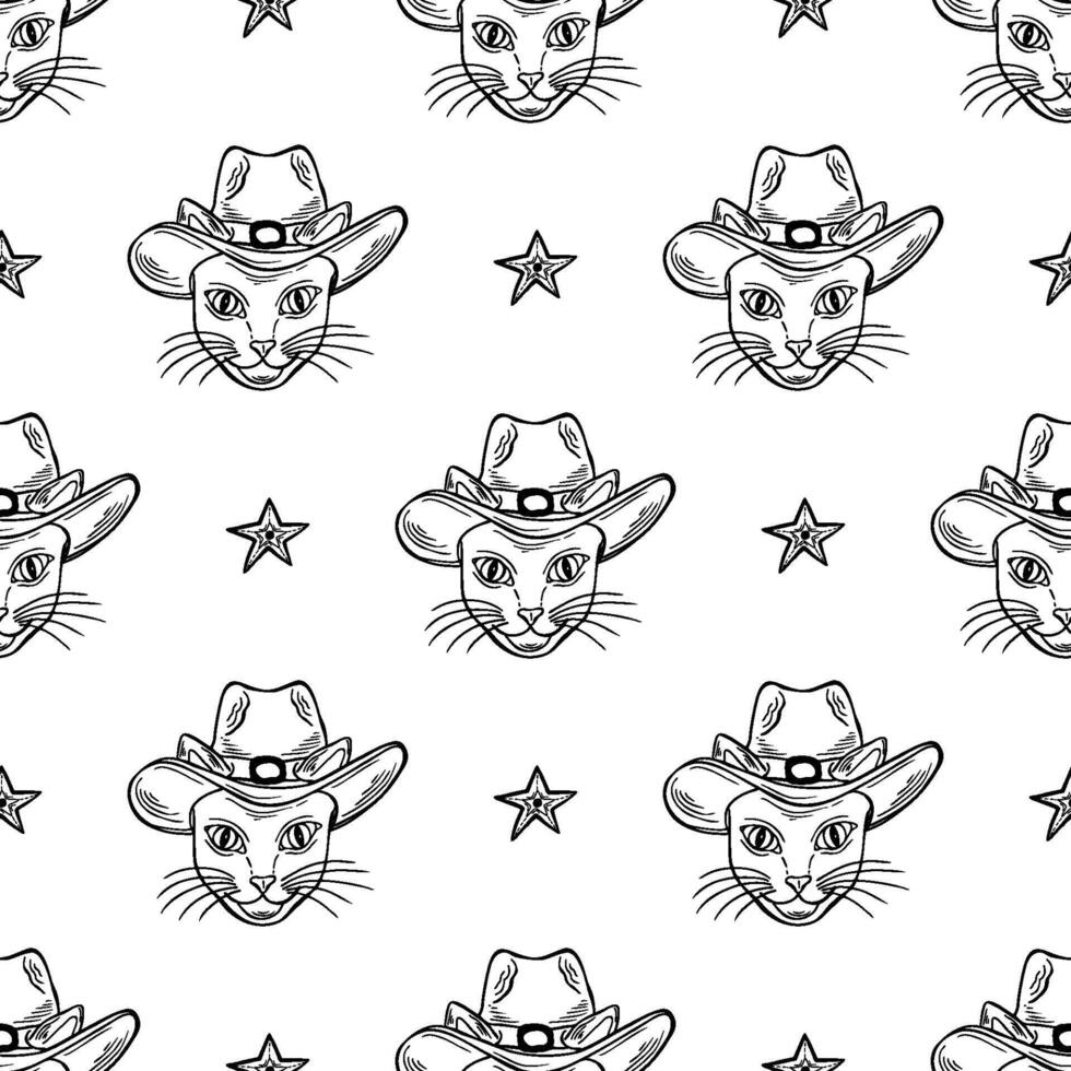 Sheriff cat in a cowboy hat and star sign seamless pattern. Hand drawn black outline western illustration. vector