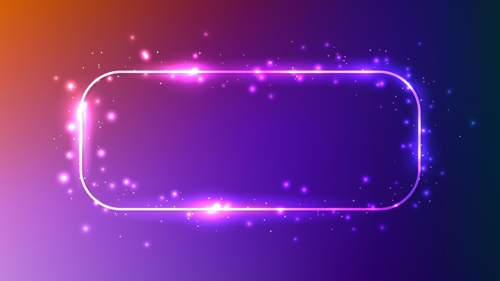 Neon rounded rectangle frame with shining effects and sparkles on dark purple background. Empty glowing techno backdrop. illustration vector