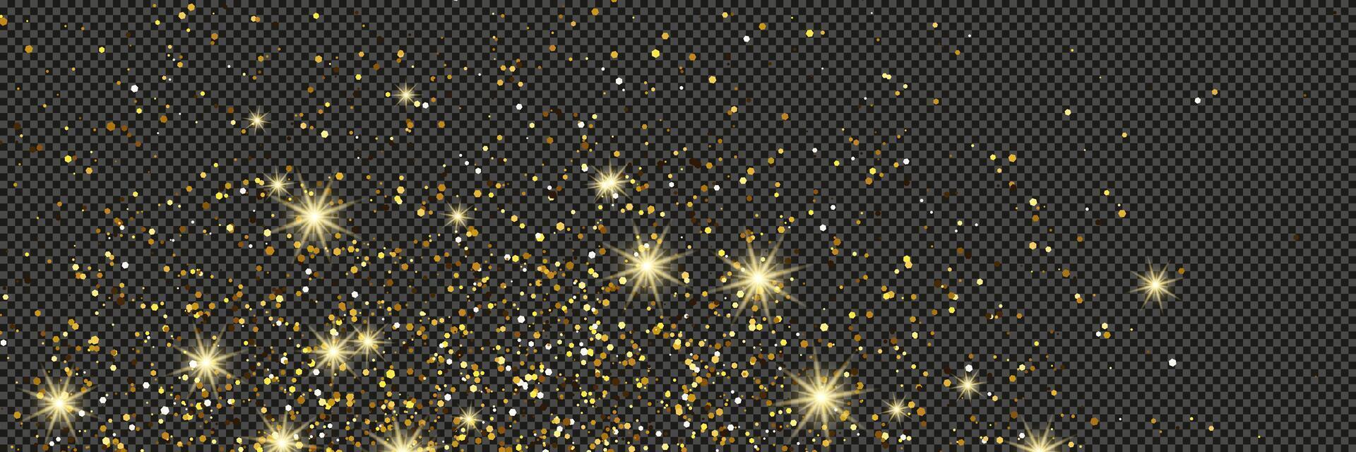 Gold glittering dust with stars on a gray background. Dust with gold glitter and empty space for your text. illustration vector