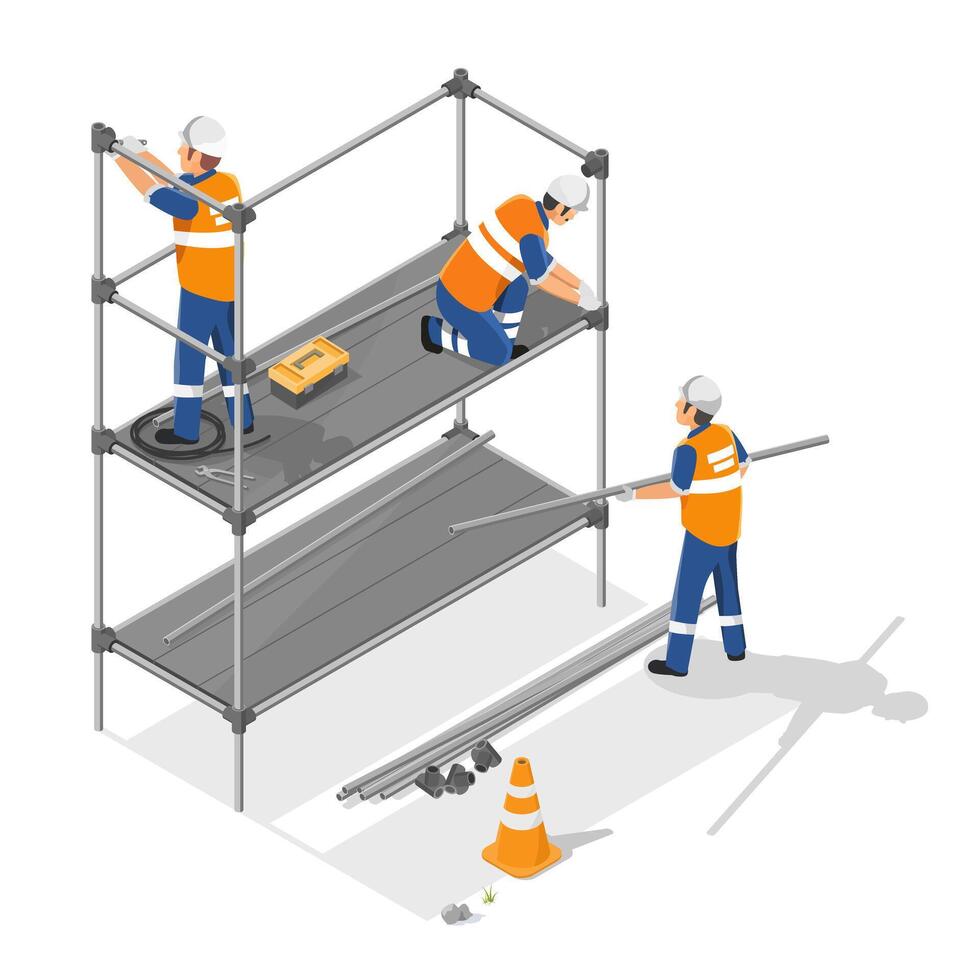 scaffolding installation in Construction worksite isometric isolated illustration vector