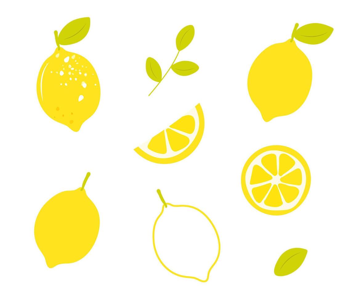 Set of lemons isolated on white background - whole lemon, slice, leaves branch. Hand drawn flat cartoon clipart. Perfect for icon, logo and so on vector