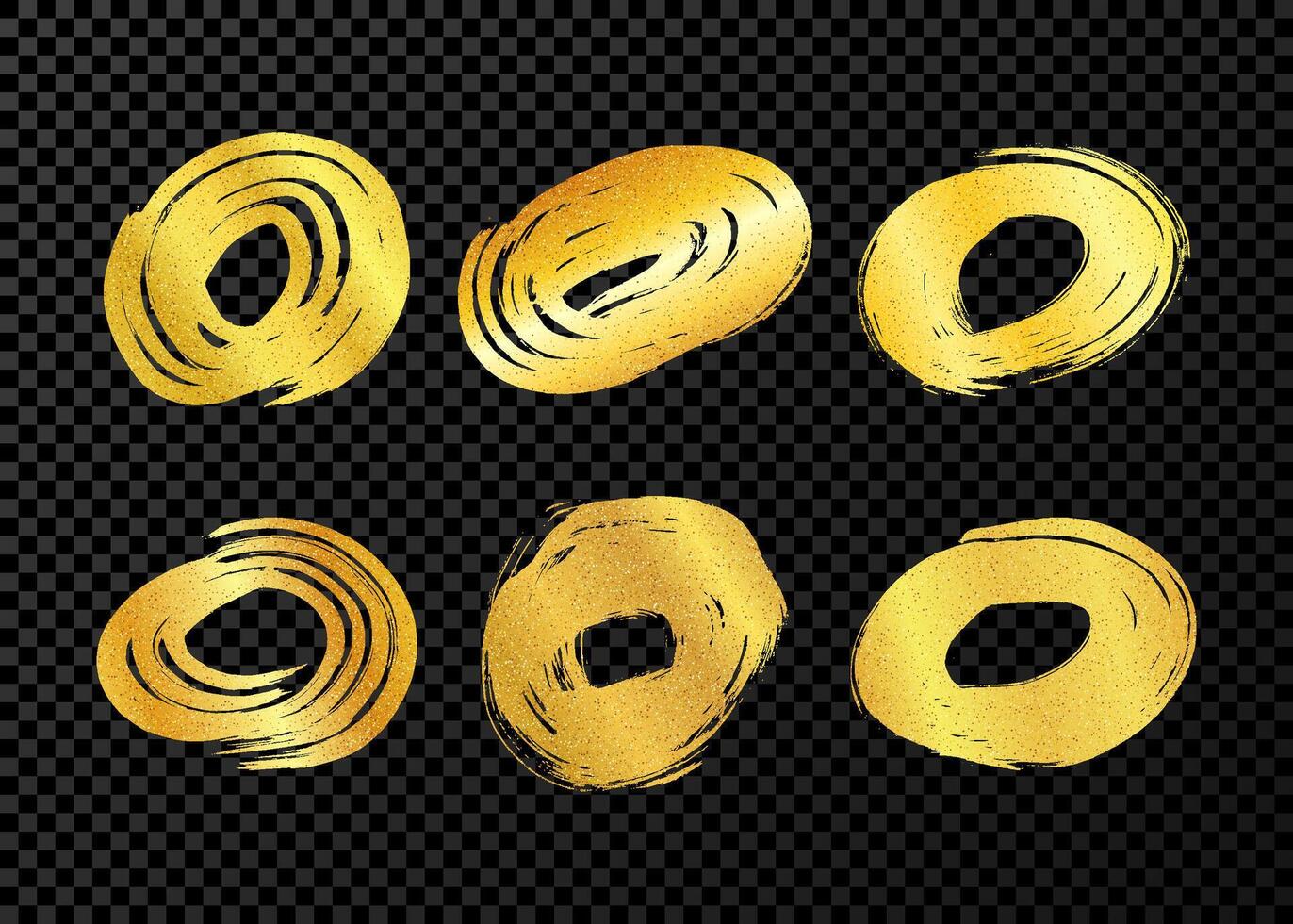 Gold grunge brush strokes in circle form. Set of painted ink circles. Ink spot isolated on dark transparent background. illustration vector