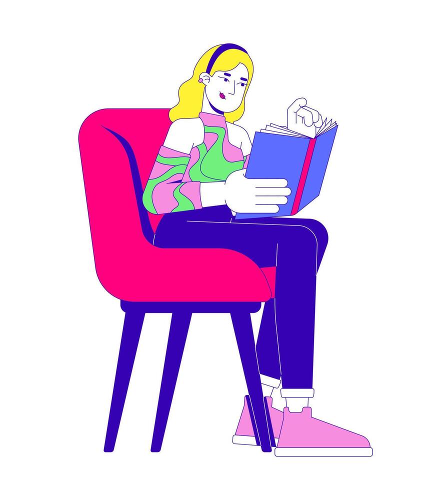 Y2k woman reading book in cozy chair 2D cartoon character. Self improvement. Comfortable seating reader female bookworm isolated person flat on white background. Spot illustration colorful vector