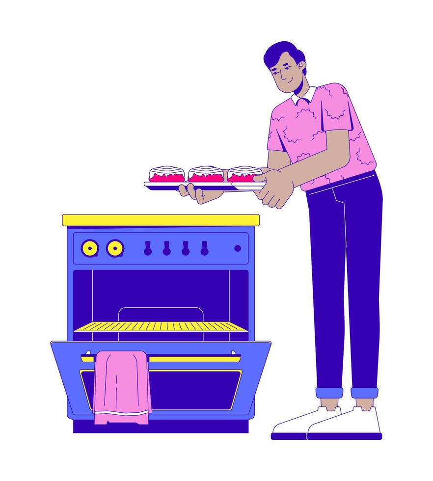 South asian man taking cinnamon rolls out of oven 2D cartoon character. Cooking hobby. Indian male baking enthusiast isolated person flat on white background. Spot illustration colorful vector