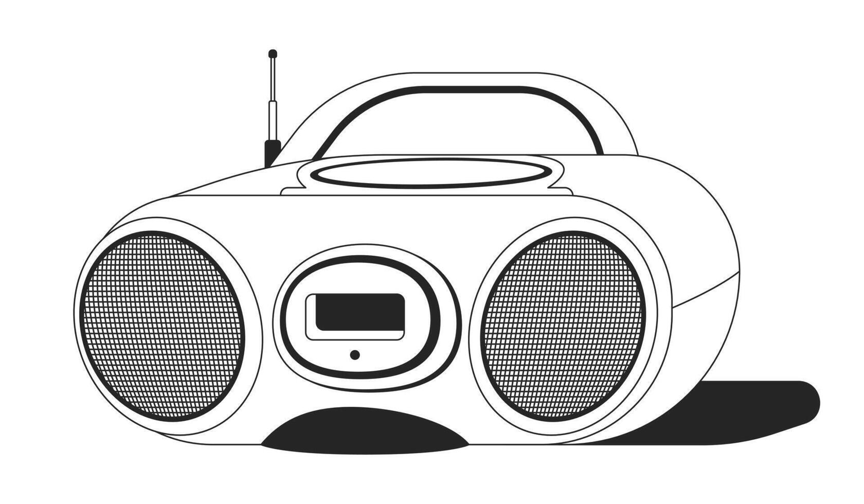 Vintage boombox with antenna and dual speakers black and white 2D line object. Retro music. Audio device. Portable sound system isolated clip art outline item. Monochromatic spot illustration vector