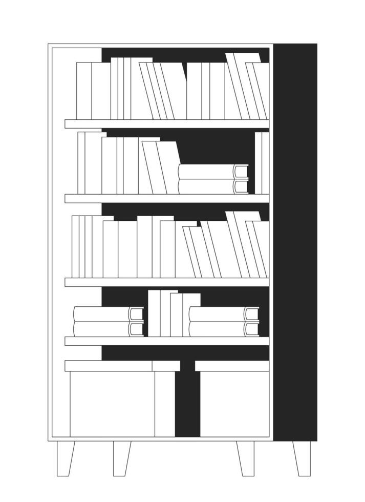 Bookcase with books and storage boxes black and white 2D line object. Bookshelves knowledge. Office furniture. Organized shelves isolated clip art outline item. Monochromatic spot illustration vector