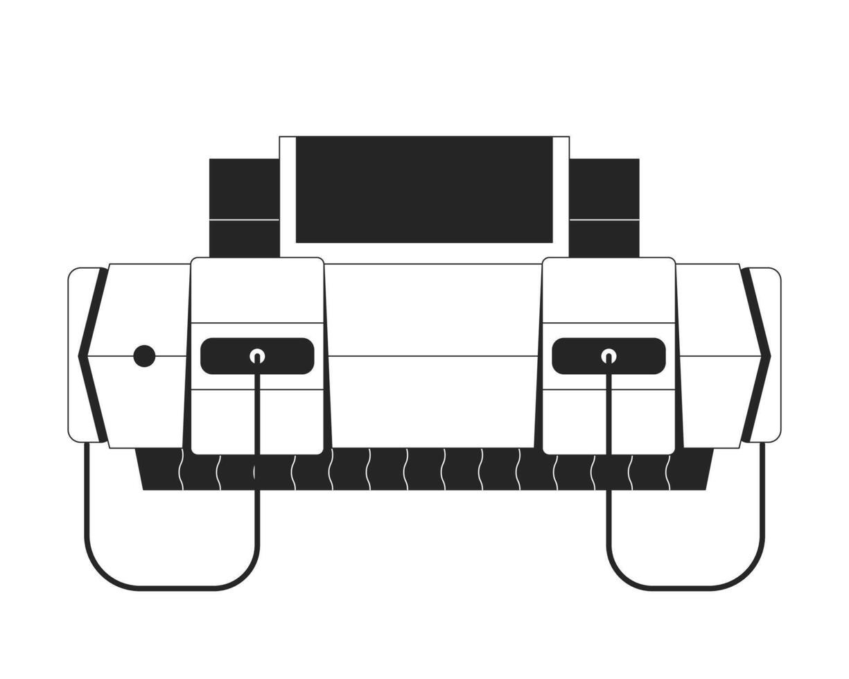 Retro gaming console with wired controller ports black and white 2D line object. Old-school games. 90s vintage device isolated clip art outline item. Monochromatic spot illustration vector