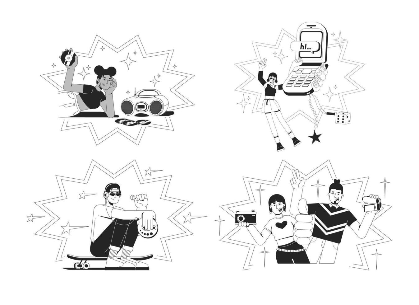2000s retro pop culture and y2k trends black and white 2D concepts set. CD boombox. Flip phone girl. Skater boy. Camera camcorder outline illustration characters isolated. Metaphors monochrome vector
