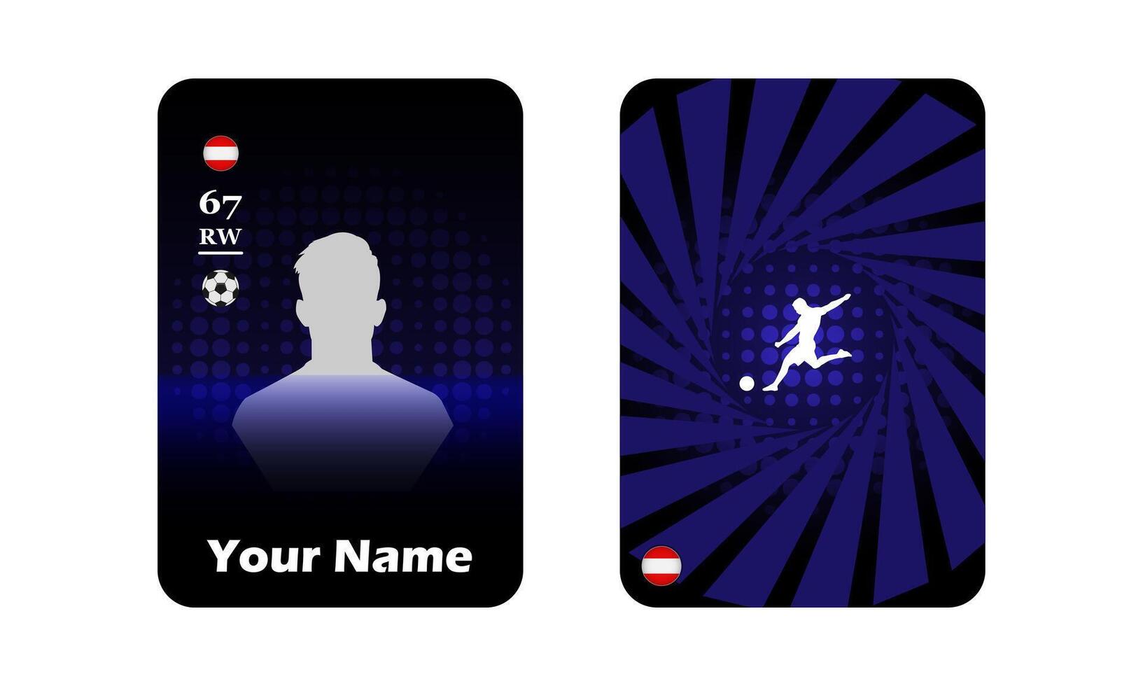 Custom football player card template with silhouette and rating. Futuristic blue and black design with abstract background and soccer icon vector