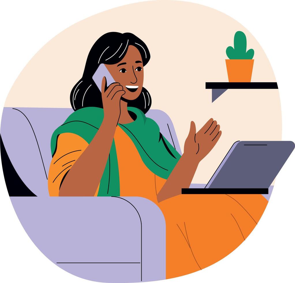 A flat illustration of a girl calling on mobile vector