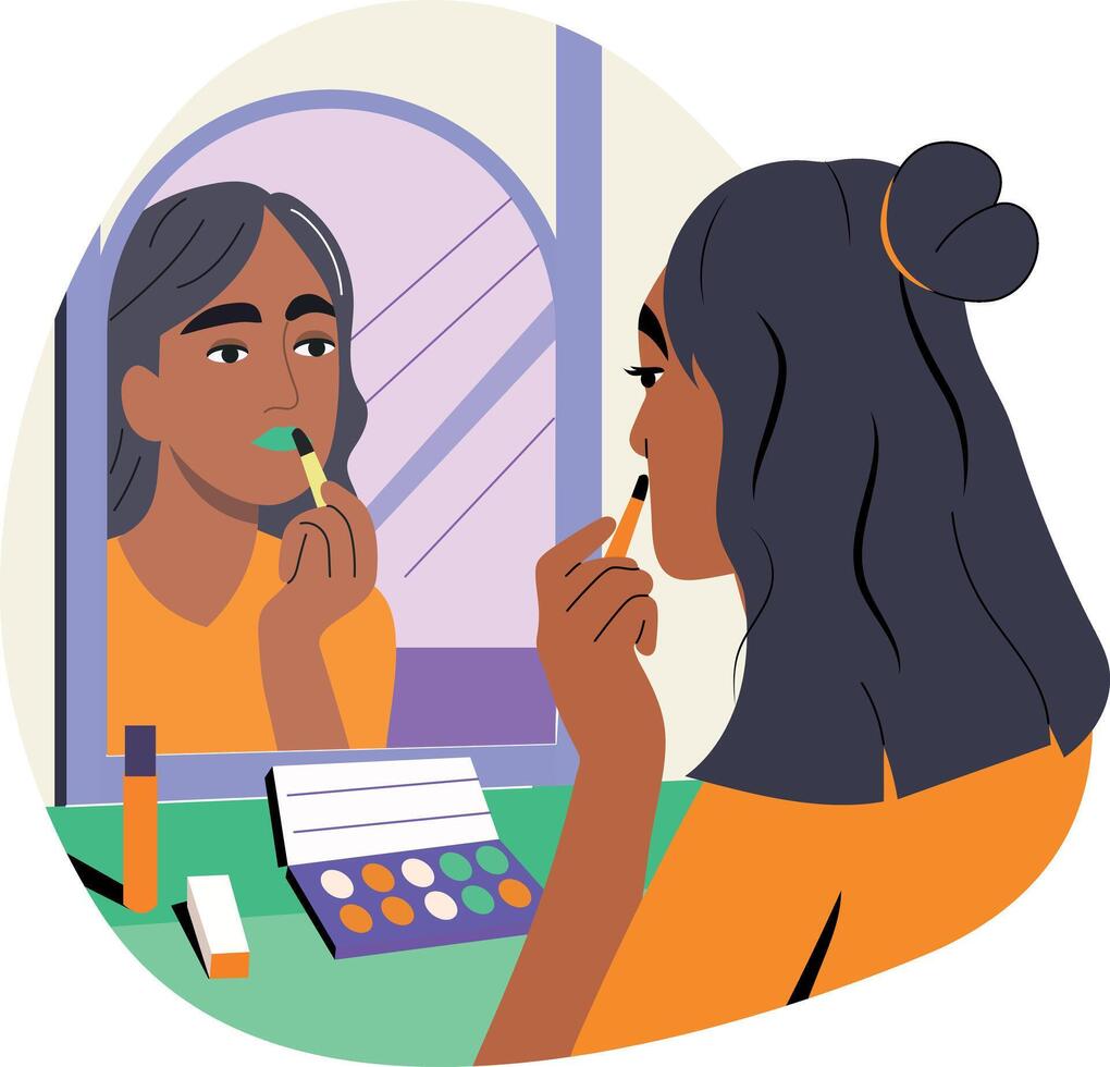 A girl applying makeup on her face, flat style illustration vector