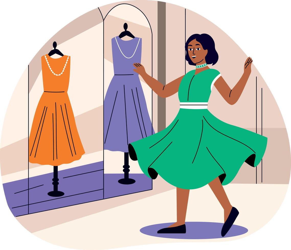 A flat illustration of a girl doing clothes shopping vector