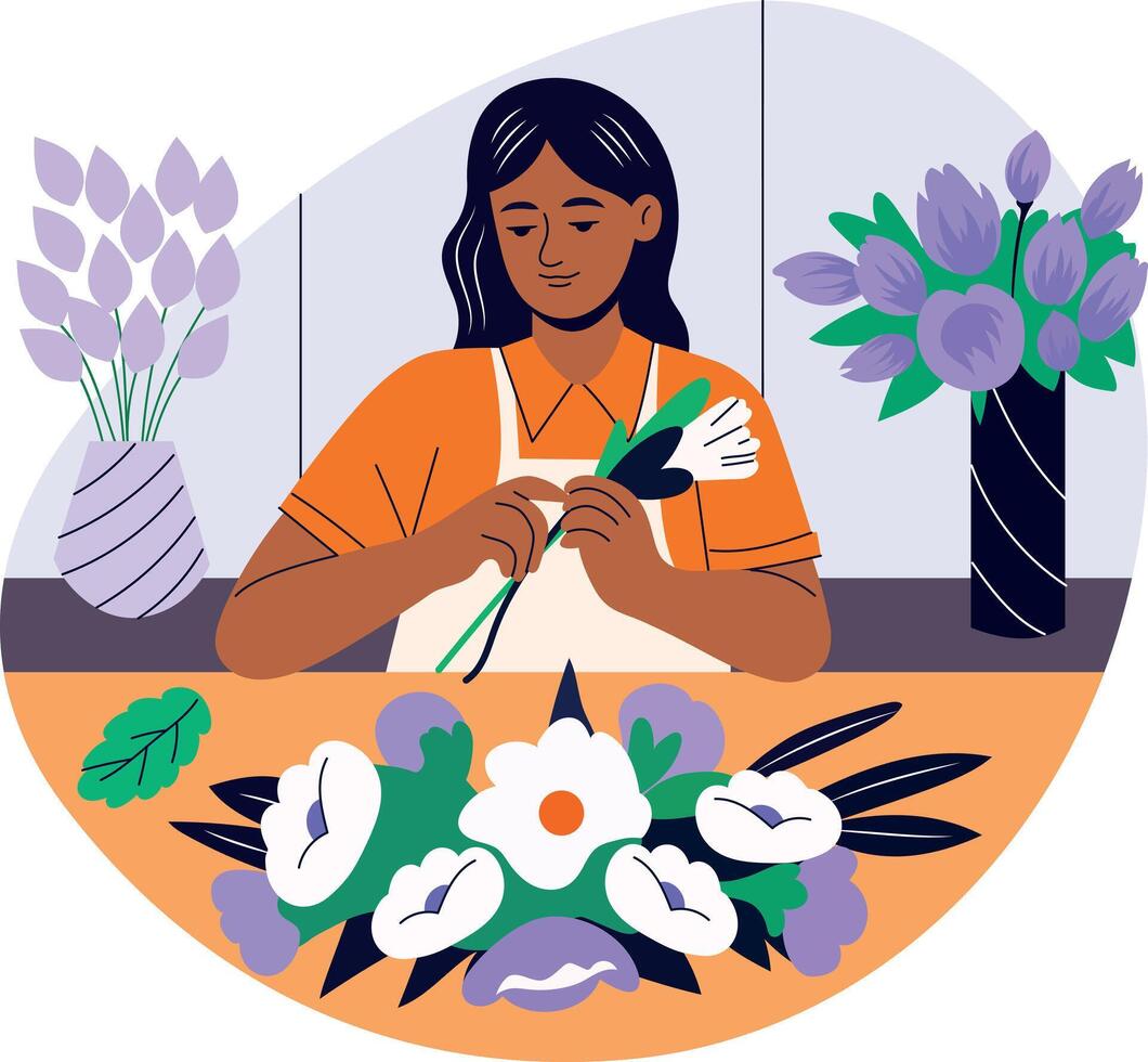 A flat illustration of a girl arranging flowers vector
