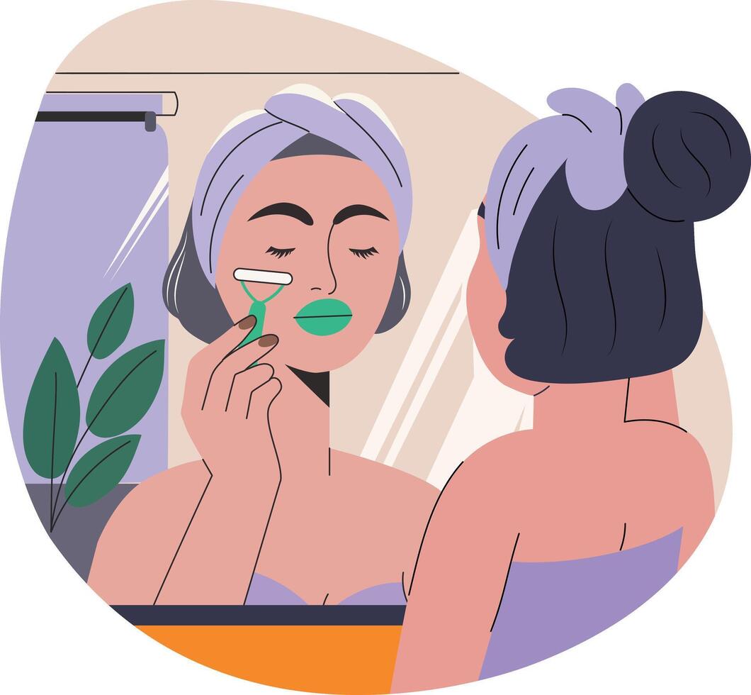 A flat illustration of a girl doing face massage vector