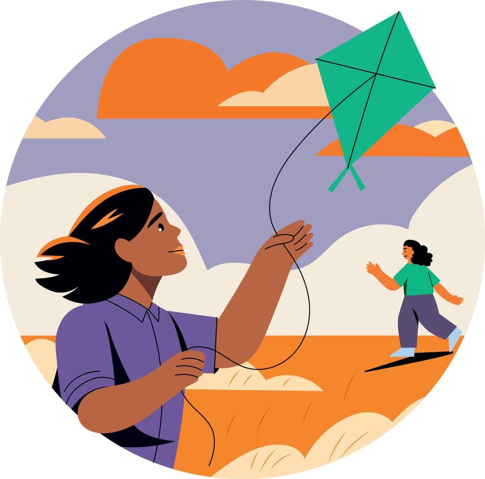 A girl flying kite illustration in flat style vector