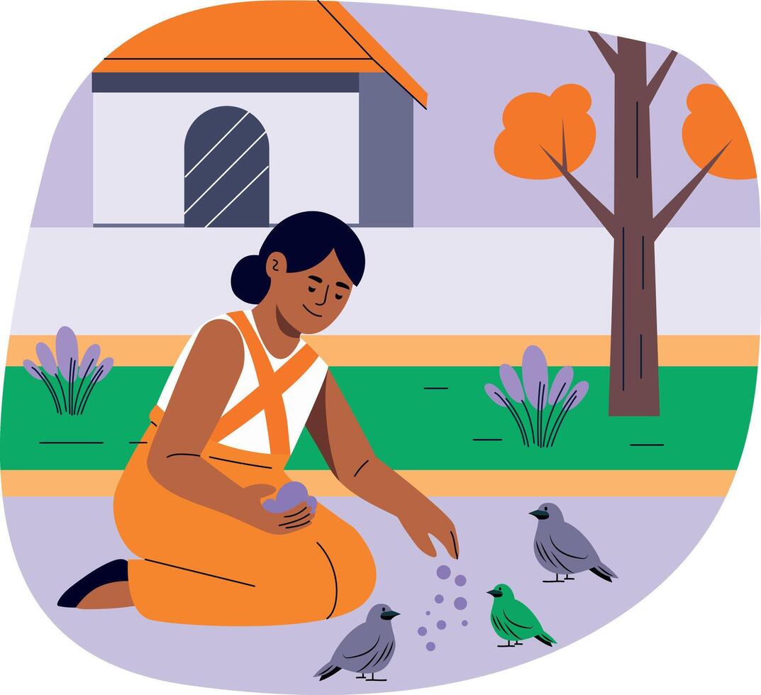 A flat illustration of a woman feeding birds vector