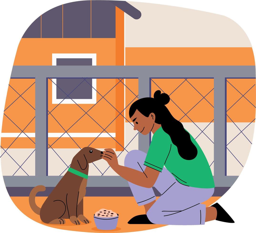 A girl feeding pet illustration in flat style vector