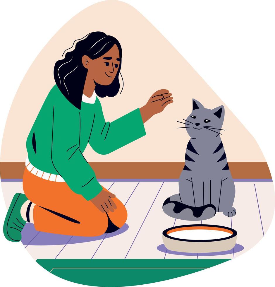A flat illustration of a girl feeding cat vector