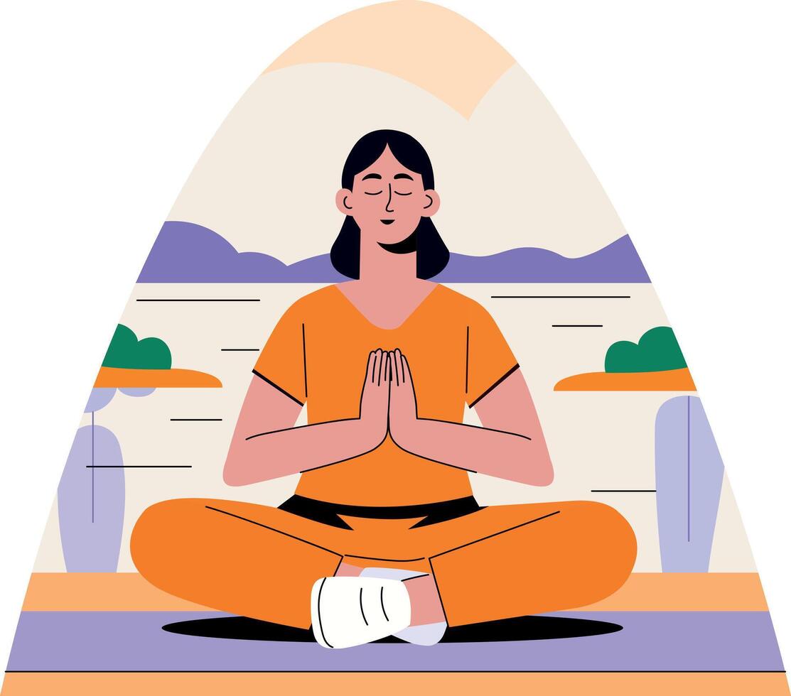 A flat illustration of a female character doing meditation vector